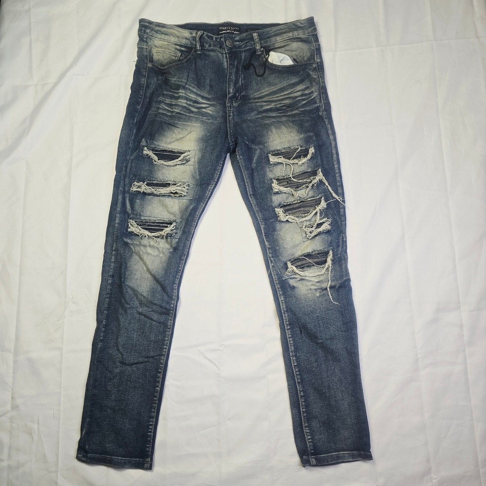 Street Jeans Men's Skinny Fit Denim Jeans 34 X 32 Blue Distressed Ripped J41